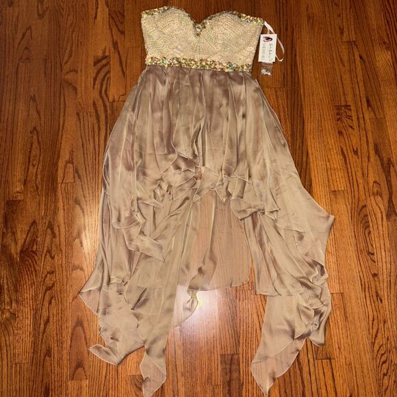 SHERRI HILL Gold Beaded High-Low Formal Gown – Size 12 - Picture 1 of 9